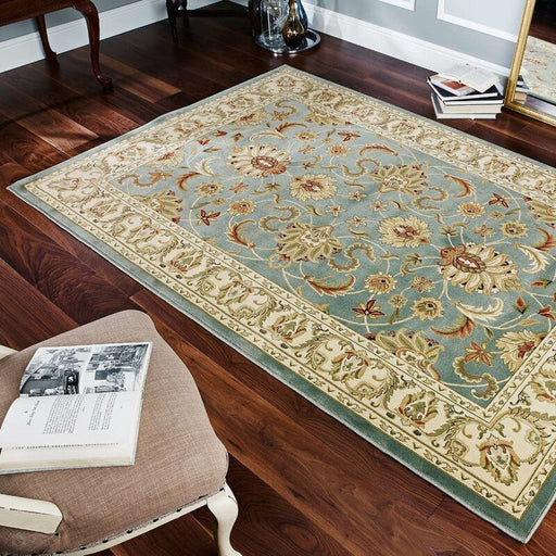 Kendra 45 L Traditional Persian Classic Floral Vine Bordered Stain-Resistant Aqua Green Turquoise Duck Egg Rug