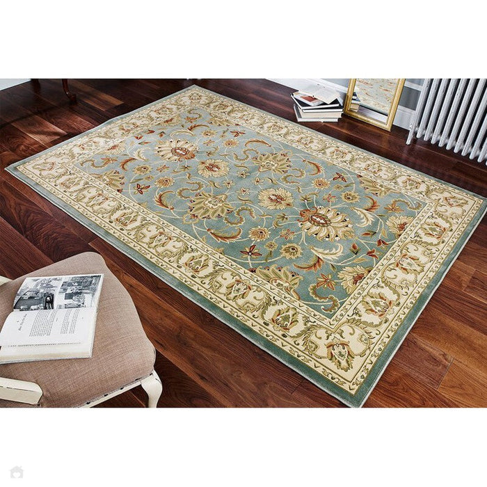 Kendra 45 L Traditional Persian Classic Floral Vine Bordered Stain-Resistant Aqua Green Turquoise Duck Egg Rug