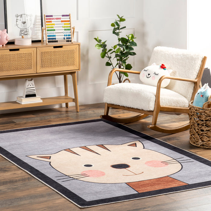 Kids Cat Washable Area Rug Navy 140cm