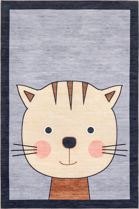 Kids Cat Washable Area Rug Navy 140cm