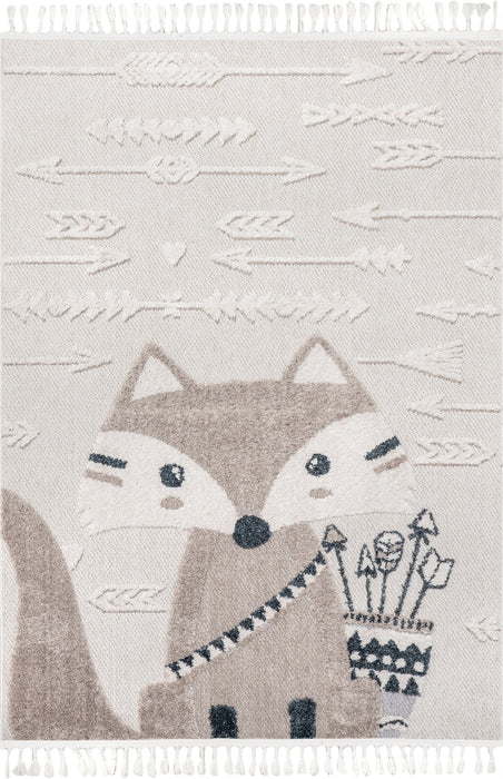 Kids Fox Themed Beige Area Teppe 120 cm