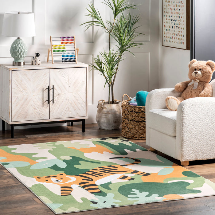 Kids Washable Jungle Tiger Rug 100x150 cm Green