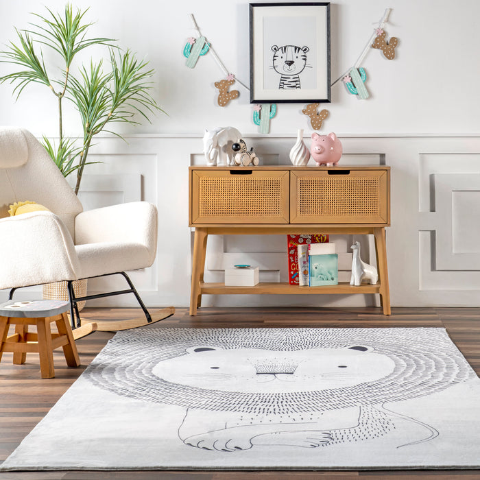 Kids Washable Light Grey Lion Stenciled Rug 120x170 cm