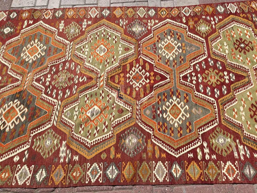 Tappeto Kilim 320 cm x 134 cm a trama piatta marrone arancione vintage