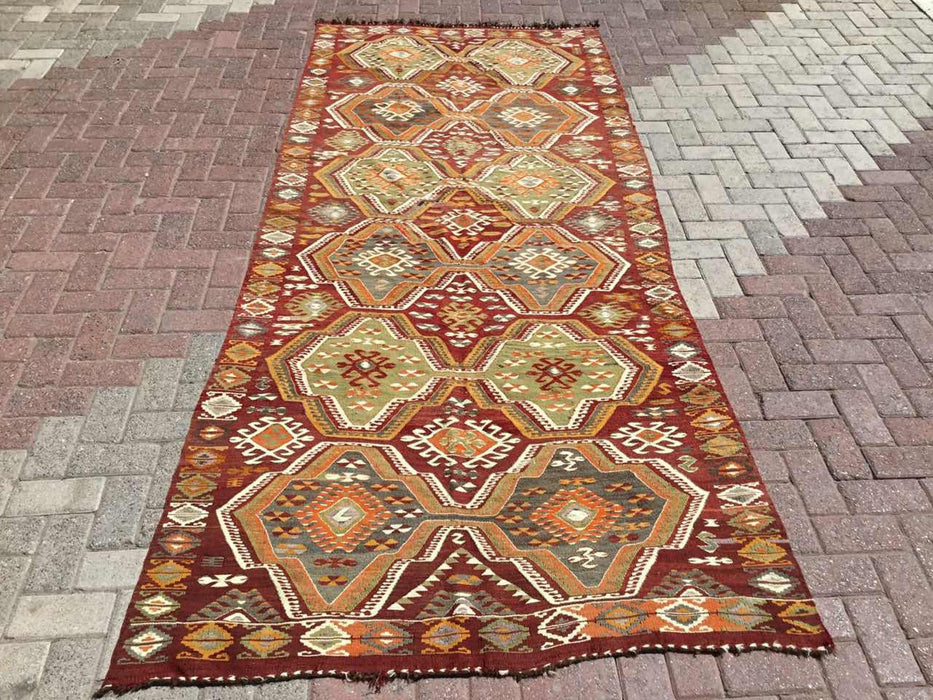 Tappeto Kilim 320 cm x 134 cm a trama piatta marrone arancione vintage