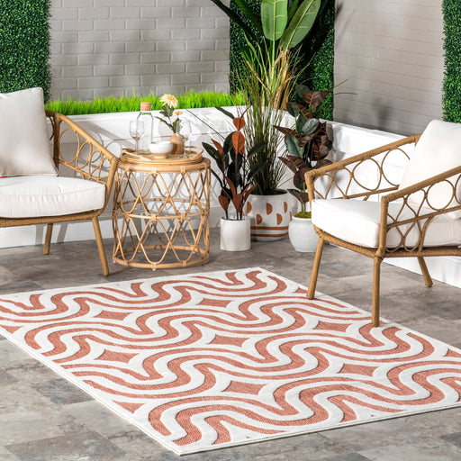 Kitti Retro Waves Rug for Indoor and Outdoor Use in Brick