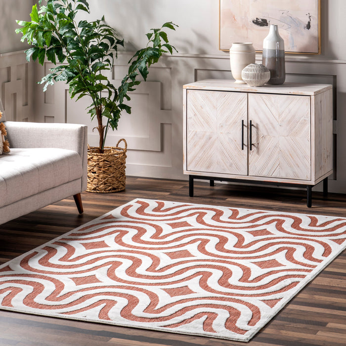 Kitti Retro Waves Rug for Indoor and Outdoor Use in Brick