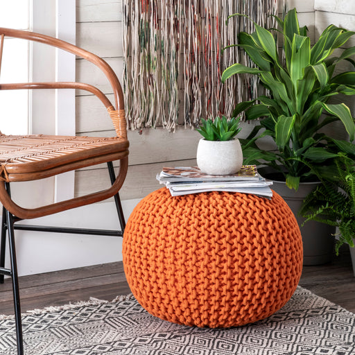 Knitted Cotton Pouf in Orange Color for Home Decor