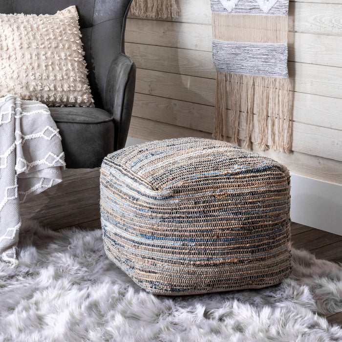 Knitted Jute And Denim Pouf For Living Room Decor