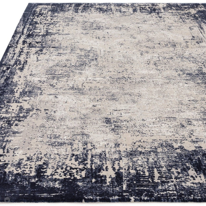 Kuza Border Modern Abstract Distressed Textured Soft-Touch Navy/Light Grey Rug