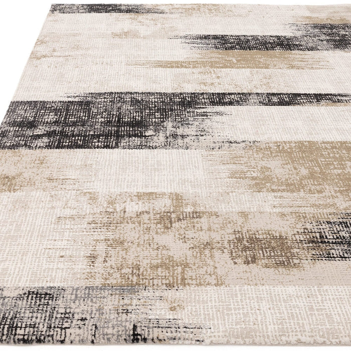 Kuza Lines Ikat Modern Abstract Distressed Textured Soft-Touch Beige/Light Grey/Black/Ivory Rug