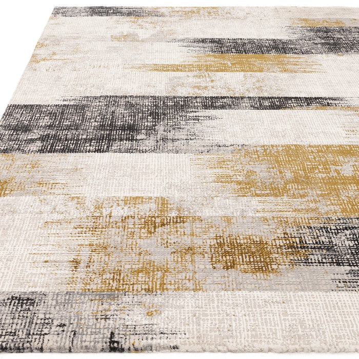 Kuza Lines Ikat Modern Abstract Distressed Textured Soft-Touch Gold/Light Grey/Black/Ivory Rug