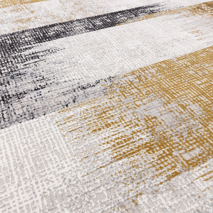 Kuza Lines Ikat Modern Abstract Distressed Textured Soft-Touch Gold/Light Grey/Black/Ivory Rug