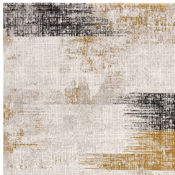 Kuza Lines Ikat Modern Abstract Distressed Textured Soft-Touch Gold/Light Grey/Black/Ivory Rug