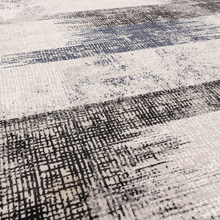 Kuza Lines Ikat Modern Abstract Distressed Textured Soft-Touch Navy/Light Grey/Black/Ivory Rug