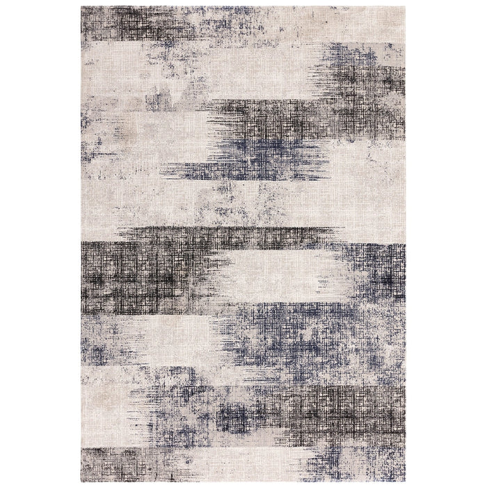 Kuza Lines Ikat Modern Abstract Distressed Textured Soft-Touch Navy/Light Grey/Black/Ivory Rug