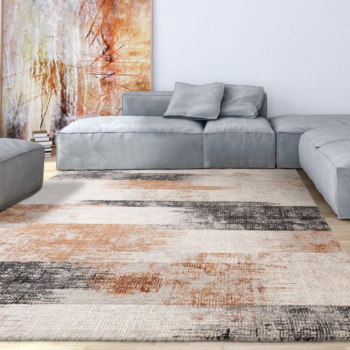 Tappeto Kuza Lines Ikat moderno astratto invecchiato testurizzato soft-touch terracotta/grigio chiaro/nero/avorio