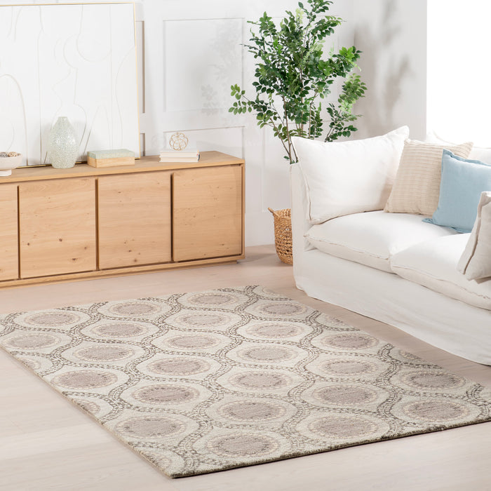 Large Medallion Wool Area Rug in Grey