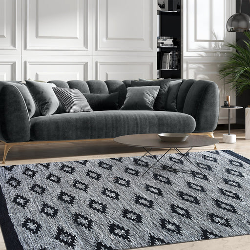 Leather Ikat Design Hand-Woven Area Rug in Grey and Charcoal