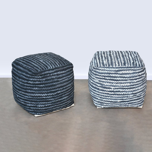 Leather Pouf Handmade In Recycled Material Charcoal Ivory