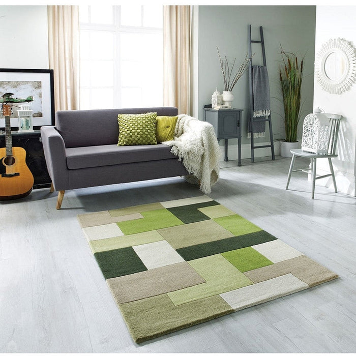 Lexus Modern Geometric Blocks Hand-Woven Carved Wool Green/Beige/Black/White Rug