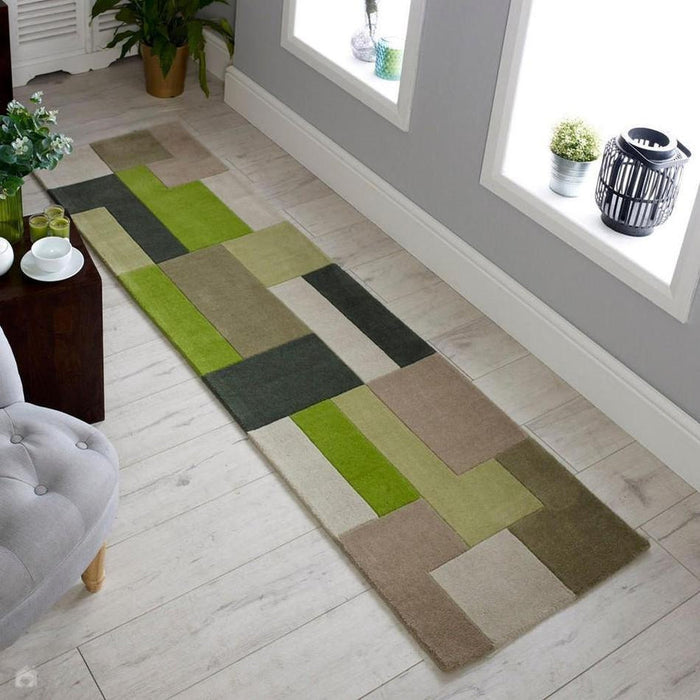 Lexus Modern Geometric Blocks Hand-Woven Carved Wool Green/Beige/Black/White Runner