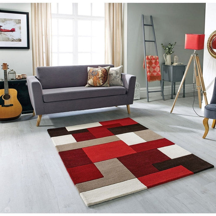 Lexus Modern Geometric Blocks Hand-Woven Carved Wool Red/Taupe/Black/White Rug