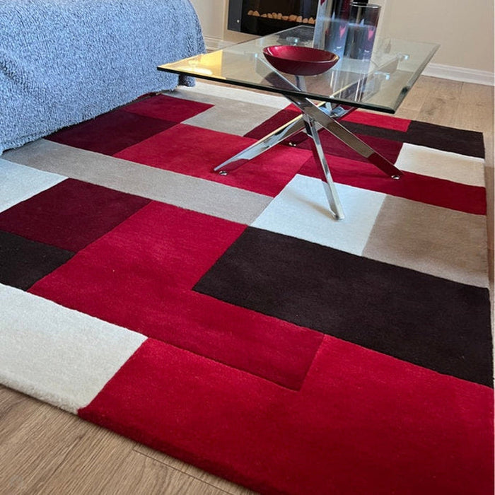 Lexus Modern Geometric Blocks Hand-Woven Carved Wool Red/Taupe/Black/White Rug