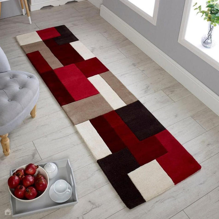 Lexus Modern Geometric Blocks Hand-Woven Carved Wool Red/Taupe/Black/White Runner