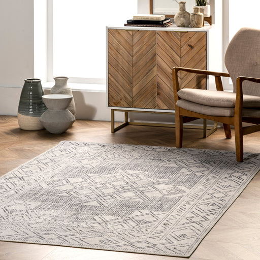 Light Grey Machine Washable Medallion Area Rug