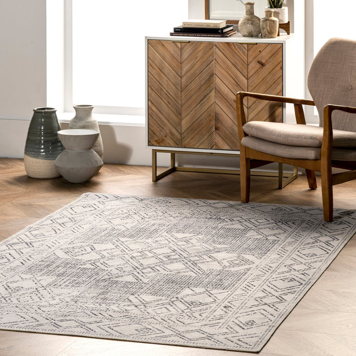 Light Grey Machine Washable Medallion Area Rug