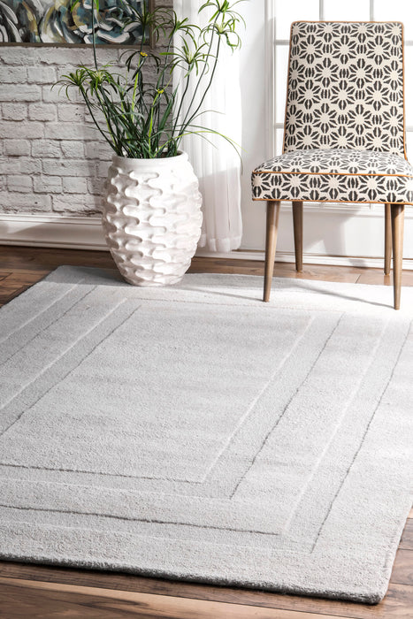 Light Grey Solid Wool Area Rug with Double Border
