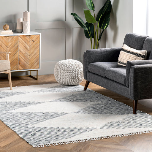 Lined Diamond Area Rug 130cm Ivory Handmade Cotton