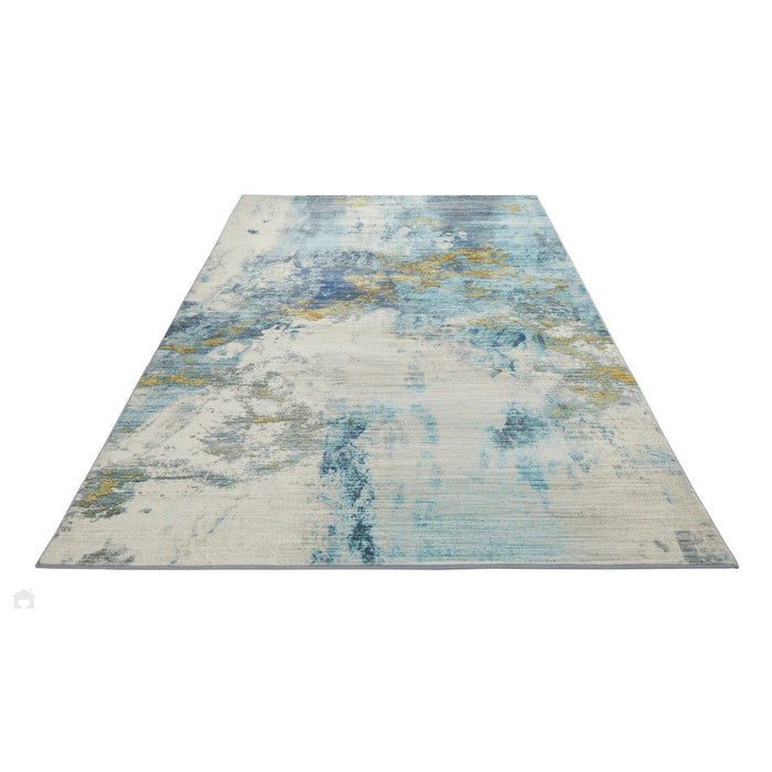 Lux Washable LUX04 Modern Abstract Distressed Soft-Touch Silky Smooth Faux Rabbit Fur Polyester Flatweave Blue/Gold Rug