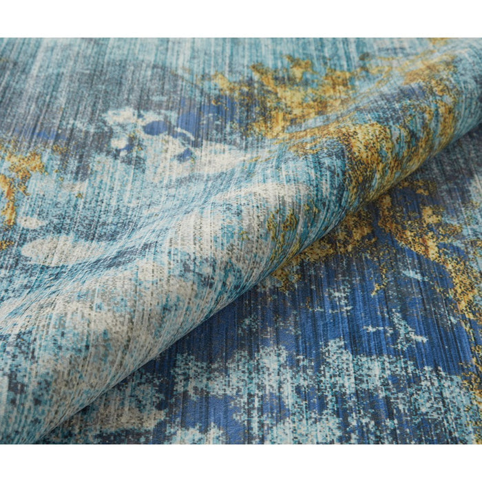 Lux Washable LUX04 Modern Abstract Distressed Soft-Touch Silky Smooth Faux Rabbit Fur Polyester Flatweave Blue/Gold Rug