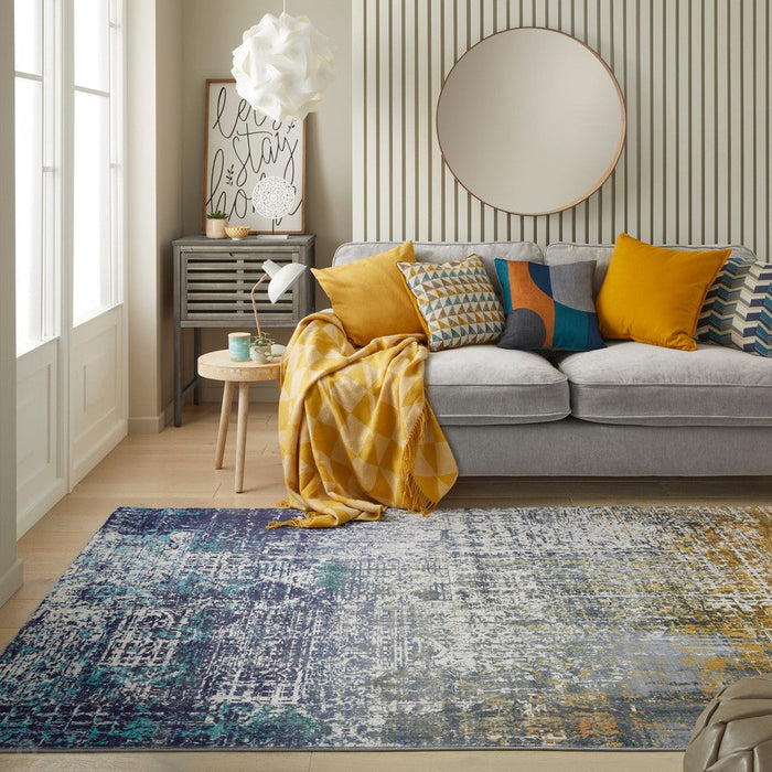 Lux Washable LUX06 Modern Abstract Distressed Soft-Touch Silky Smooth Faux Rabbit Fur Polyester Flatweave Blue/Copper Rug