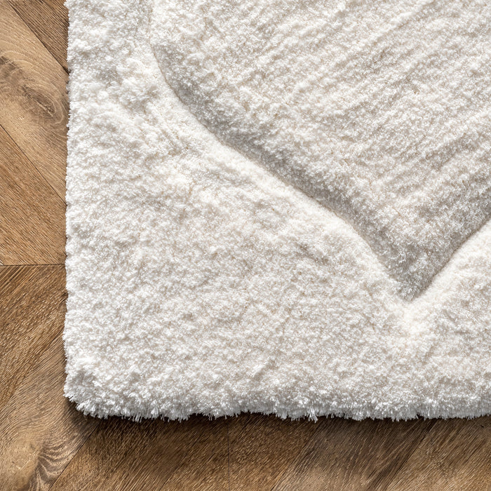 Luxury White Shag Area Rug with Carved Trellis Design