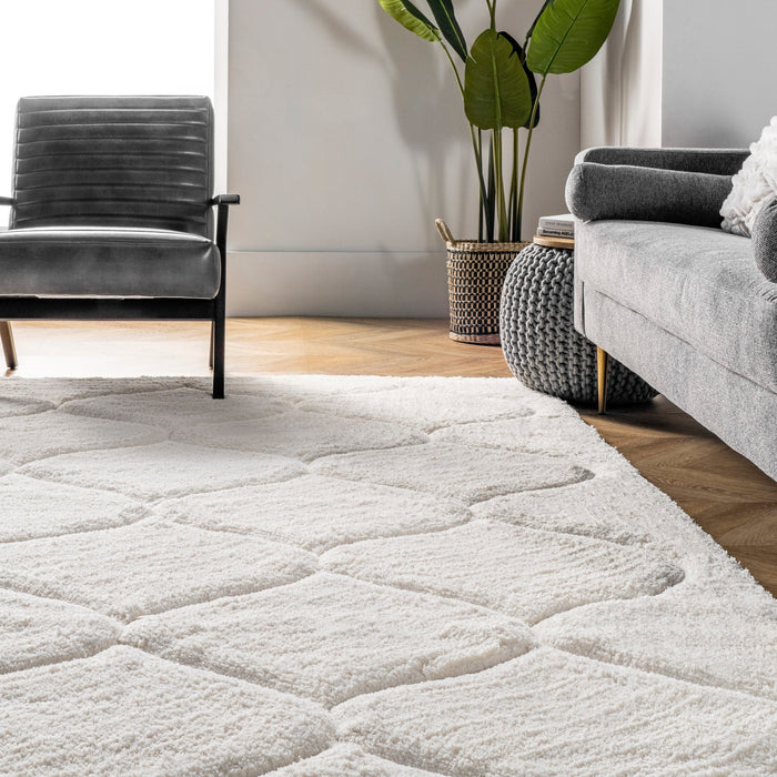 Luxury White Shag Area Rug with Carved Trellis Design