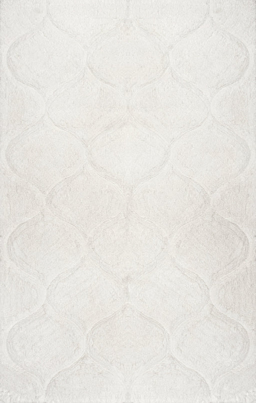 Luxury White Shag Area Rug with Carved Trellis Design