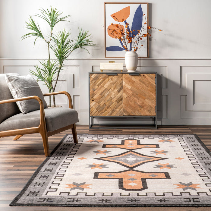 Machine Washable Aztec Area Rug in Ivory 120x180 cm