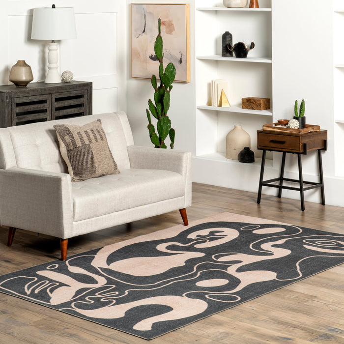 Machine Washable Beige Abstract Area Rug