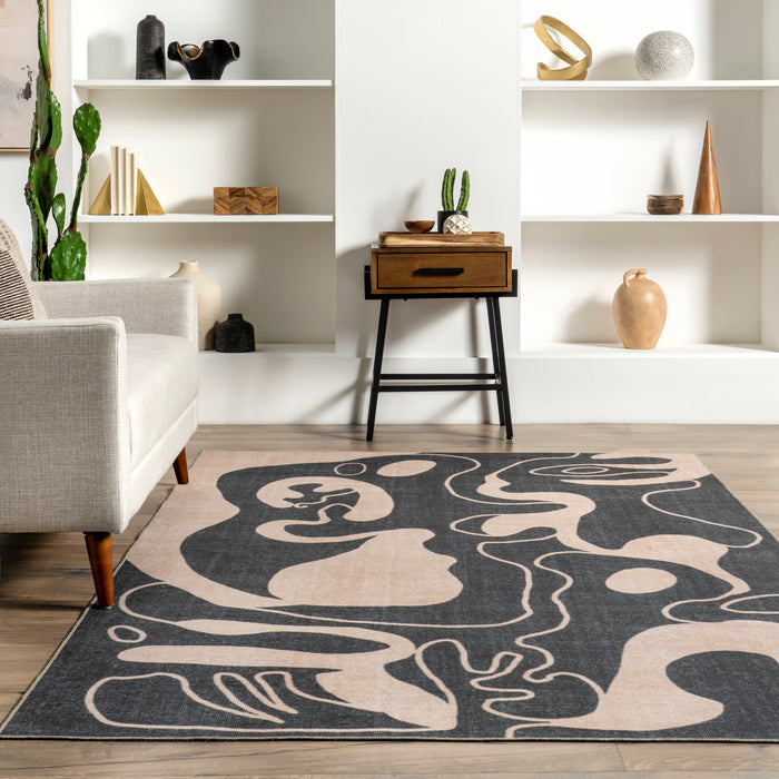 Machine Washable Beige Abstract Area Rug