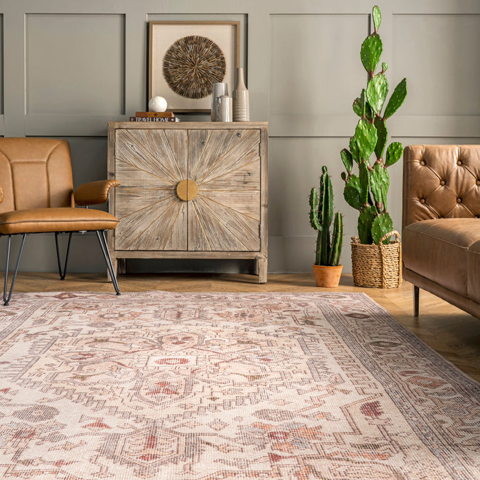 Machine Washable Beige Oriental Ivy Medallion Area Rug