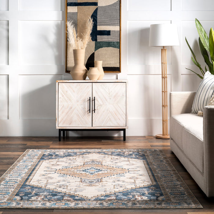 Machine Washable Blue Medallion Area Rug 120x180 cm