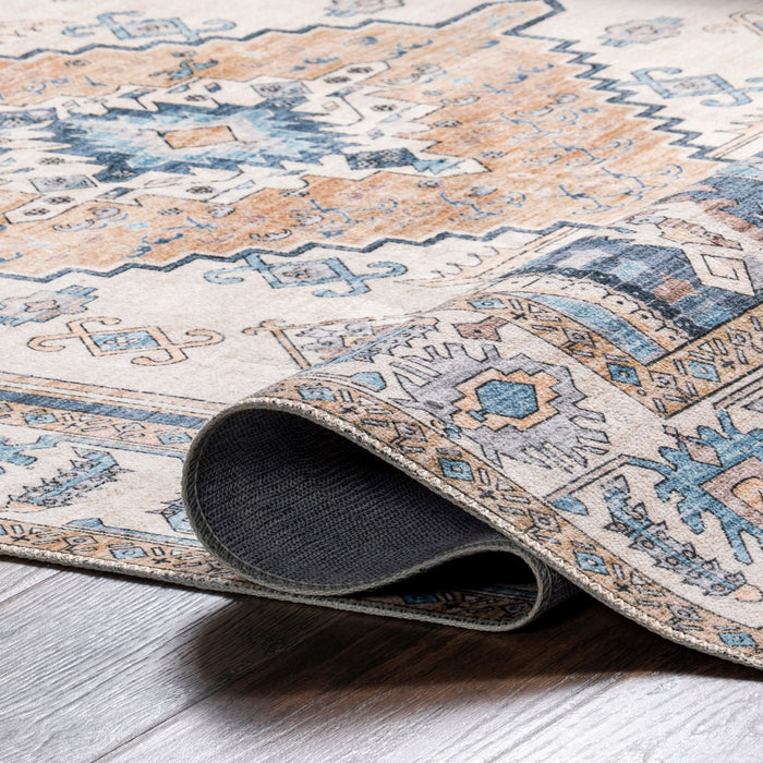 Machine Washable Blue Medallion Area Rug 120x180 cm