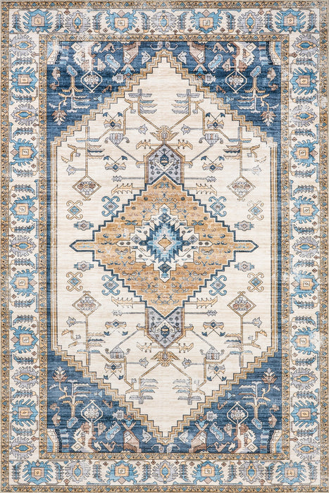 Machine Washable Blue Medallion Area Rug 120x180 cm