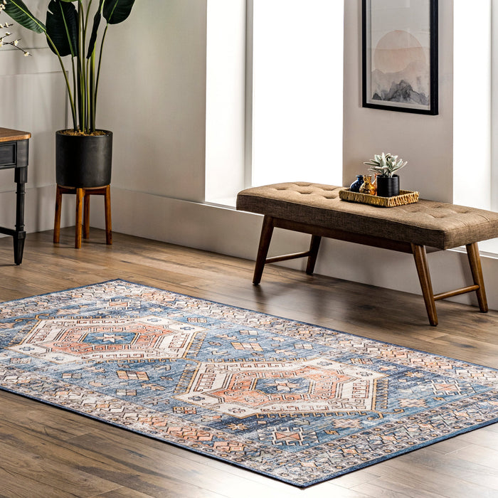 Machine Washable Blue Nordic Emblems Area Rug 120x180 cm