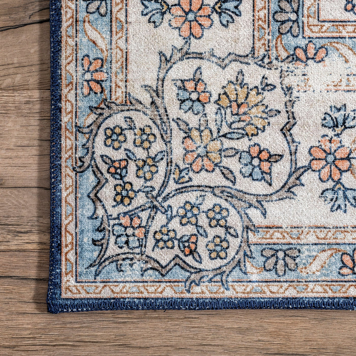 Machine Washable Blue Rosette Medallion Area Rug 120x180 cm