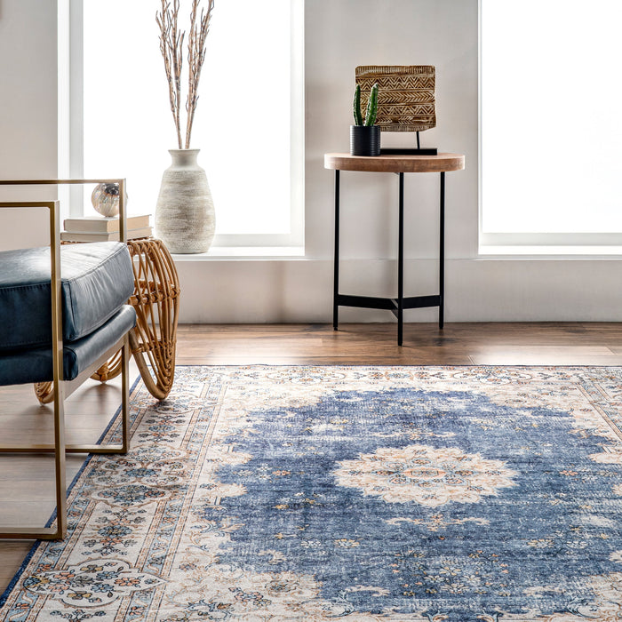 Machine Washable Blue Rosette Medallion Area Rug 120x180 cm