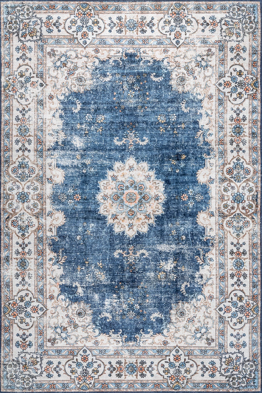 Machine Washable Blue Rosette Medallion Area Rug 120x180 cm